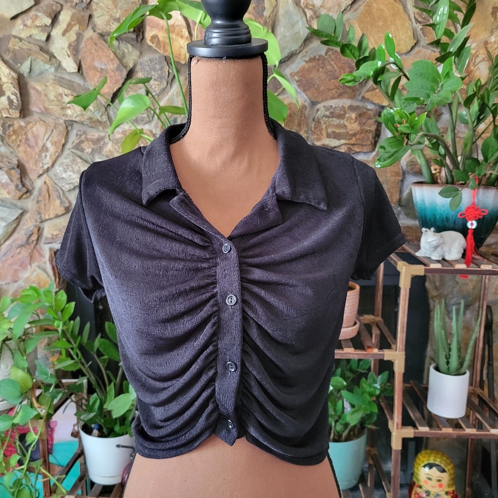Used Black PrettyLittleThing Ruched Mid Drift Button Up Stretchy Shirt S…
